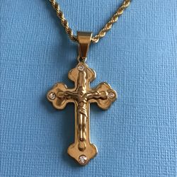 Men’s Gold Bonded On Stainless Steel Crucifix Pendant w/Sparkling Crystal Accents On Rope Chain *Pickup Boca Raton 