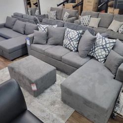 New Gray Sectional And Ottoman Sofa Couch 