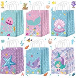 16 pcs Mermaid Scale Gift Bag Colorful Fish Scale Print Paper Bags Candy Treat Bag