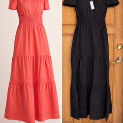 Quince Organic Cotton Poplin Tiered Maxi Dress Black Or Coral  S Smocked Waist