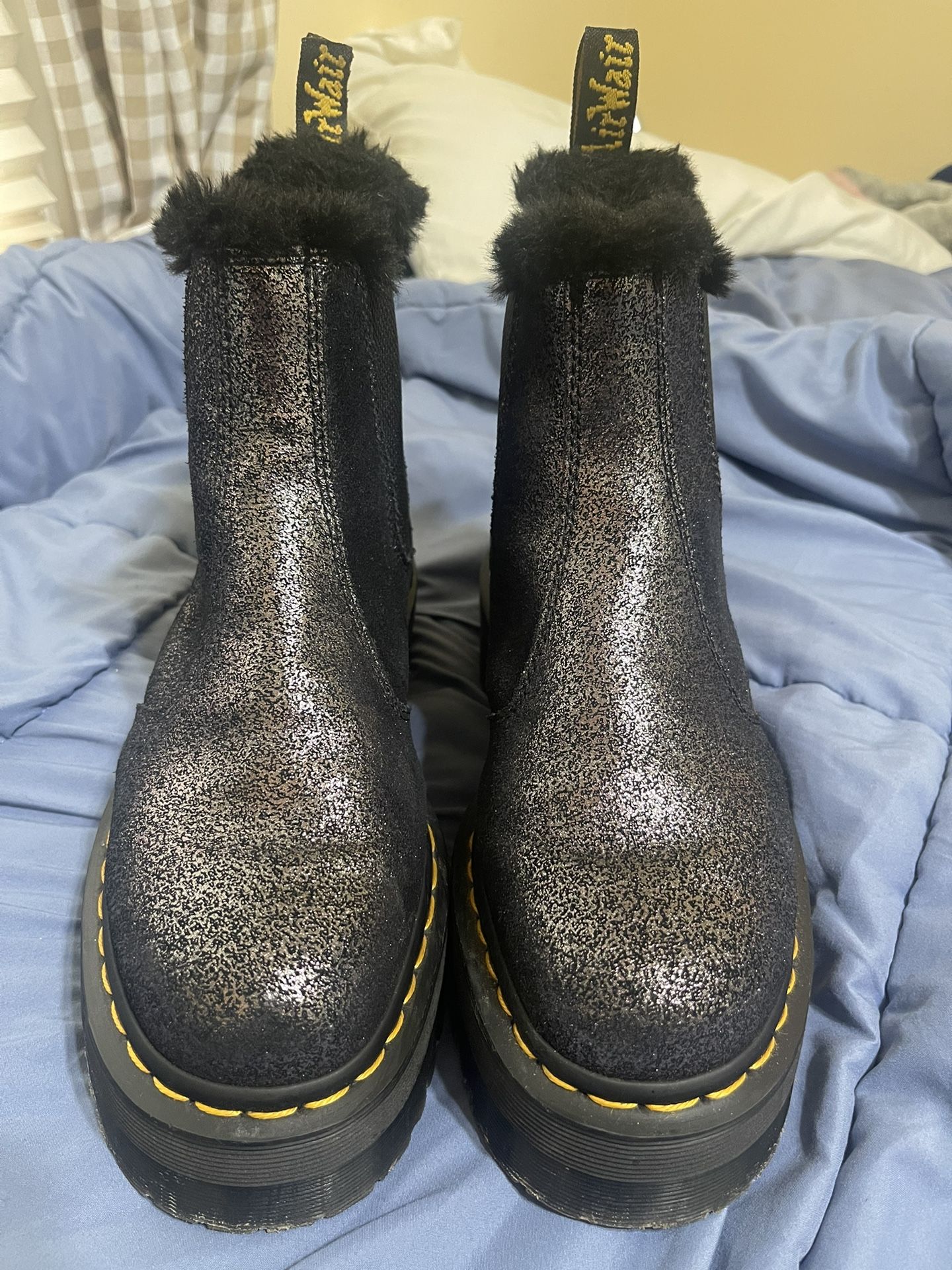 Dr. Martens metallic Chelsea gray Faux Fur Boot 