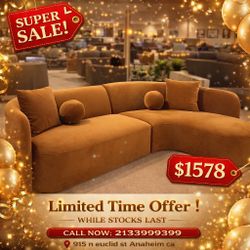 Camel brown chenille living room sectional sofa 112"W X 70.8"D X 30.5"H  