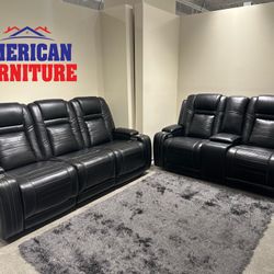 Black Sofa & Loveseat W/ Power Seats & Adjustable Headrest 