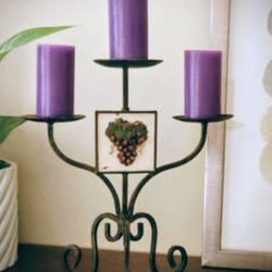 Wrought Iron 3-Candle Holder with 3D Grape Tile Accent –