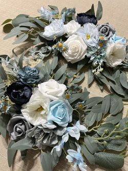 Blue and White Roses Peonies With Eucalyptus Welcome Sign Garland faux Flower Arrangement 