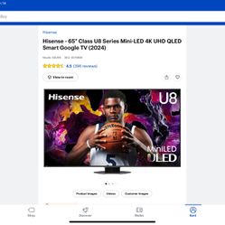 Hisense - 65" Class U8 Series Mini-LED 4K UHD QLED Smart Google TV (2024)  With Mounting Bracket