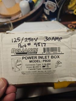 PB20 Reliance 30amp inlet with 15 ft plug