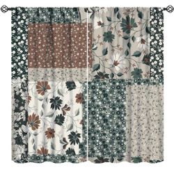 Boho Patchwork Floral Curtains Retro Rustic Flowers Plants Vintage Green Brown A