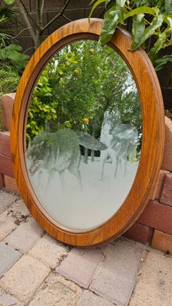 Oval Mirror with Etched Wolf Design by David Smith - Signed - Measures 25" x 19"