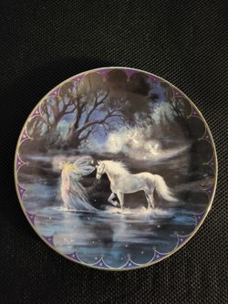 Mint Condition 1994 "Trails Of Starlight" Mimi Jobe 1st Issue Fairytale Collection Bradford Exchange Plate Featuring Fairy And Unicorn Accented Silver