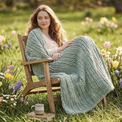 Amélie Home Chunky Knit Throw Blanket for Couch, Soft Chenille Handmade Crochet Throw Rope Knot Blanket for Sofa, 50"x60", Sage Green