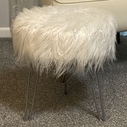 White Fur Stool Ottoman with Silver Hairpin Legs