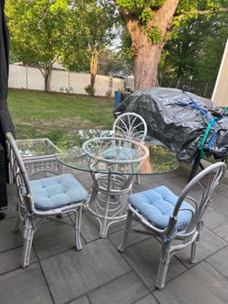 Vintage White Rattan Dining Set with Glass Top Table and 4 Chairs