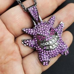 Pokemon Gengar Purple Silver 24” 3mm Chain Necklace - Great Gift - Rhinestone