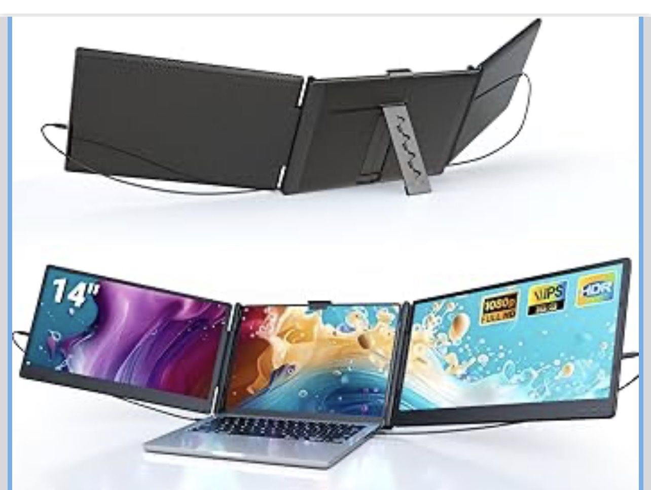 Laptop Screen Extender, 14" Triple Portable Monitor for Laptop, 1080P FHD IPS Screen Extender Monitors for 13"-17", Travel Monitor for Mac/Windows/Chr