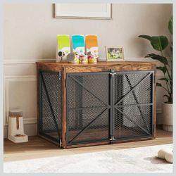 NEW 31" Farmhouse Dog Crate Kennel Furniture, Wooden End Table, Rustic Brown
