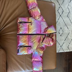 Canadian Classics Iridescent Puffer Jacket (XS) – Pink/Gold Holographic Hooded Coa