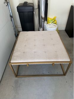 White Tufted Ottoman with Gold Metal Legs