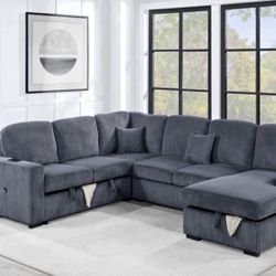 $649-4Piece Convertible Sectional Sleeper Sofa ,Chaise Storage ,Sofa Storage & USB Ports 98” x 103” x 61” x36”H