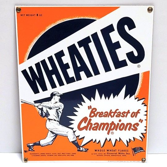 WHEATIES " Breakfast of Champions " PORCELAIN Sign Ande Rooney 11.5" x 9" Made in USA