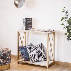Nordic Style 2-Tier Console Table Multi-Purpose Sofa Entry Table with Bottom Shelf, Faux Marble Top and X-Shaped Metal Frame for Home, 30" W x 13.8" D