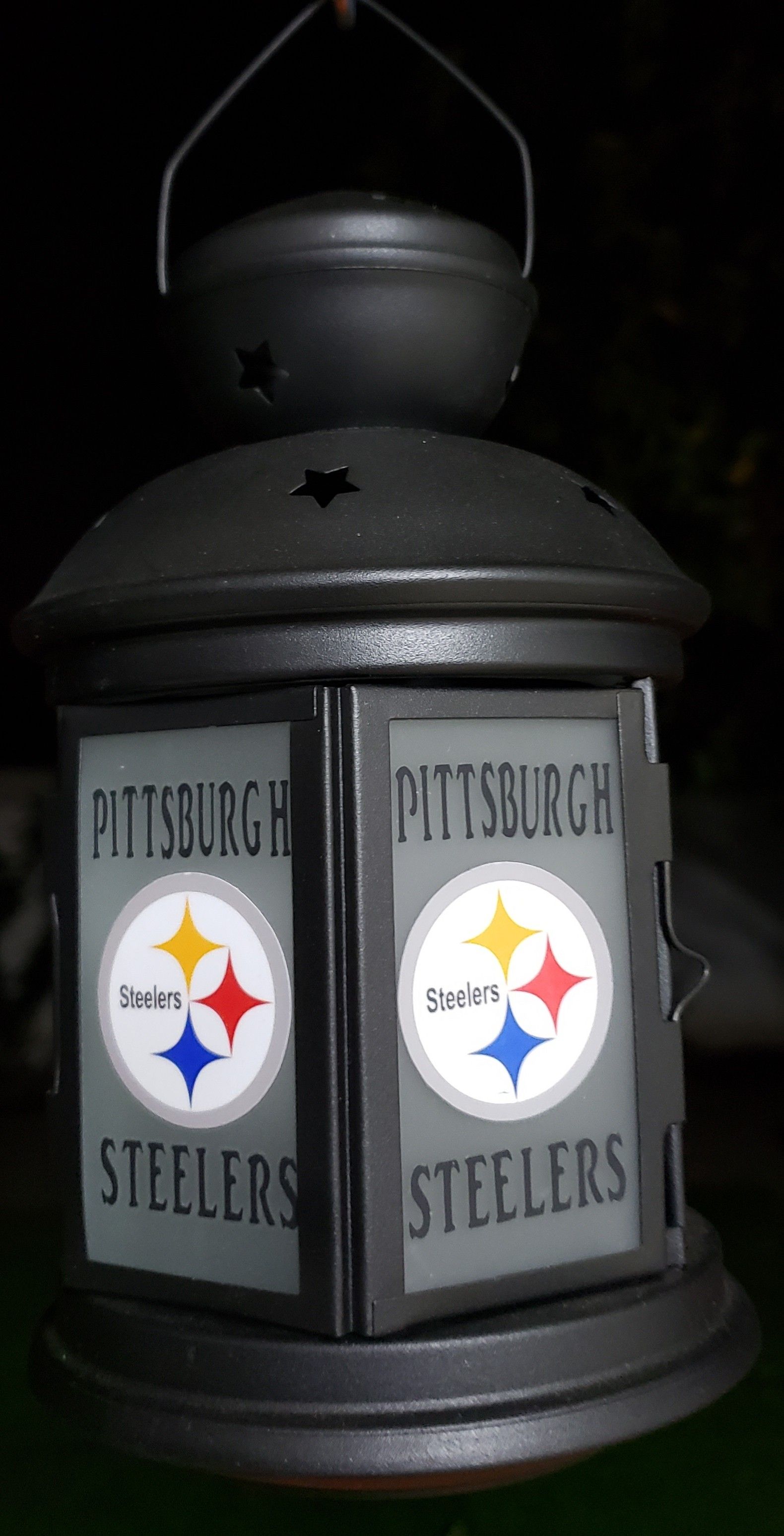 Small Handcrafted Pittsburgh Steelers Lantern with electronic candle