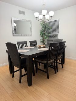 Dark Wood Dining Table Set with 6 Chairs