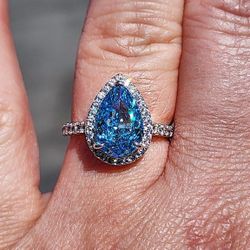Aqua Teardrop Cubic Zirconia 18kt White Gold Plated Sterling Silver Ring.
