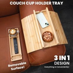 Couch Cup Holder Tray, Versatile Bamboo Sofa Armrest Tray with Detachable Drink Holder, Anti-Spill and Foldable Sofa Table for Snacks, Remote, Phone, 