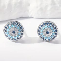 Exquisite Micro Pave 14K White Gold Plated Turquoise Cubic Zirconia Men Women Cluster Stud Earrings 