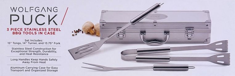 Wolfgang Puck 3 Piece Stainless Steel BBQ Tools In Case