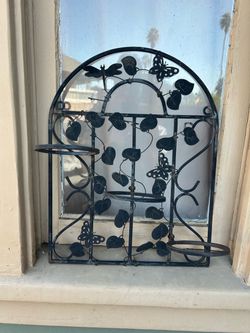 Whimsical Yard Art; Vintage Weathered Metal Three Placing Leaf and Butterfly Hanging Plant Rack: