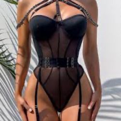 Halter Backless Sheer Mesh Garter Teddy With Leg Rings