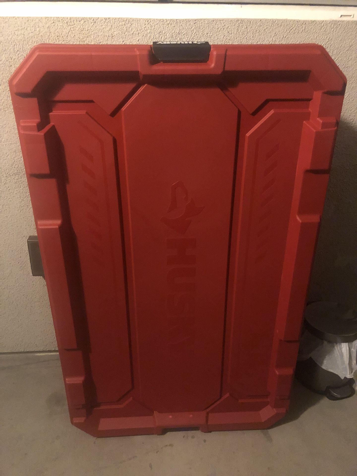 Husky 57 Gal. Pro Grip Storage Tote with Wheels in Black with Red Lid