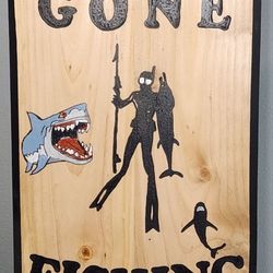 Dive Into Adventure! Handmade Freehand Carved Gone Fishing Sign
