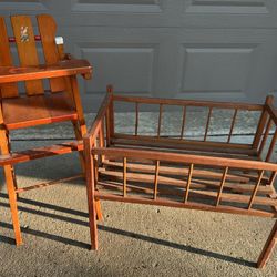 Vintage Wooden Doll High Chair and doll crib