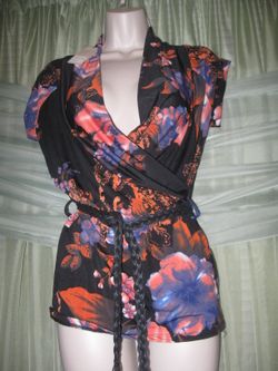 SAPA Multi-color career casual summer womens shawl neck belted top blouse sz M NEW