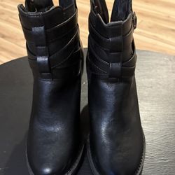 Black Biker Boots, Chunky Heel, Women’s Boots, Back Zipper Ankle Boots