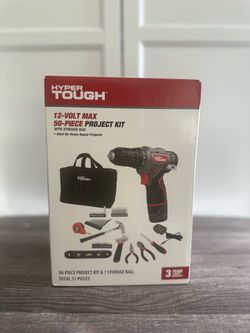 Hyper Tough 12V Max Cordless 3/8-inch Drill Driver 50-Piece Project Kit with 1.5Ah Lithium-Ion Battery, Charger, and Storage Bag.