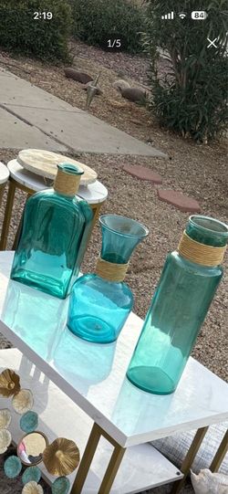 Set of 3 Teal Glass Vases with Rattan Wrap