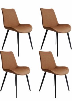 New-Modern Dining Chairs Set of 4, Upholstered Faux Leather Cushion Seat and Sturdy Metal Legs (4 Brown Chairs)