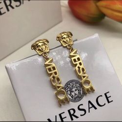 Versace goldtone Medusa head and logo drop earrings