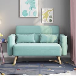 46" Small Modern Fabric Sofa Loveseat Mid Century 2 Seater Sofa Couch with Lumbar Pillows, Solid Wood Legs for Small Space, Dorm, Office, Bedroom, Aqu
