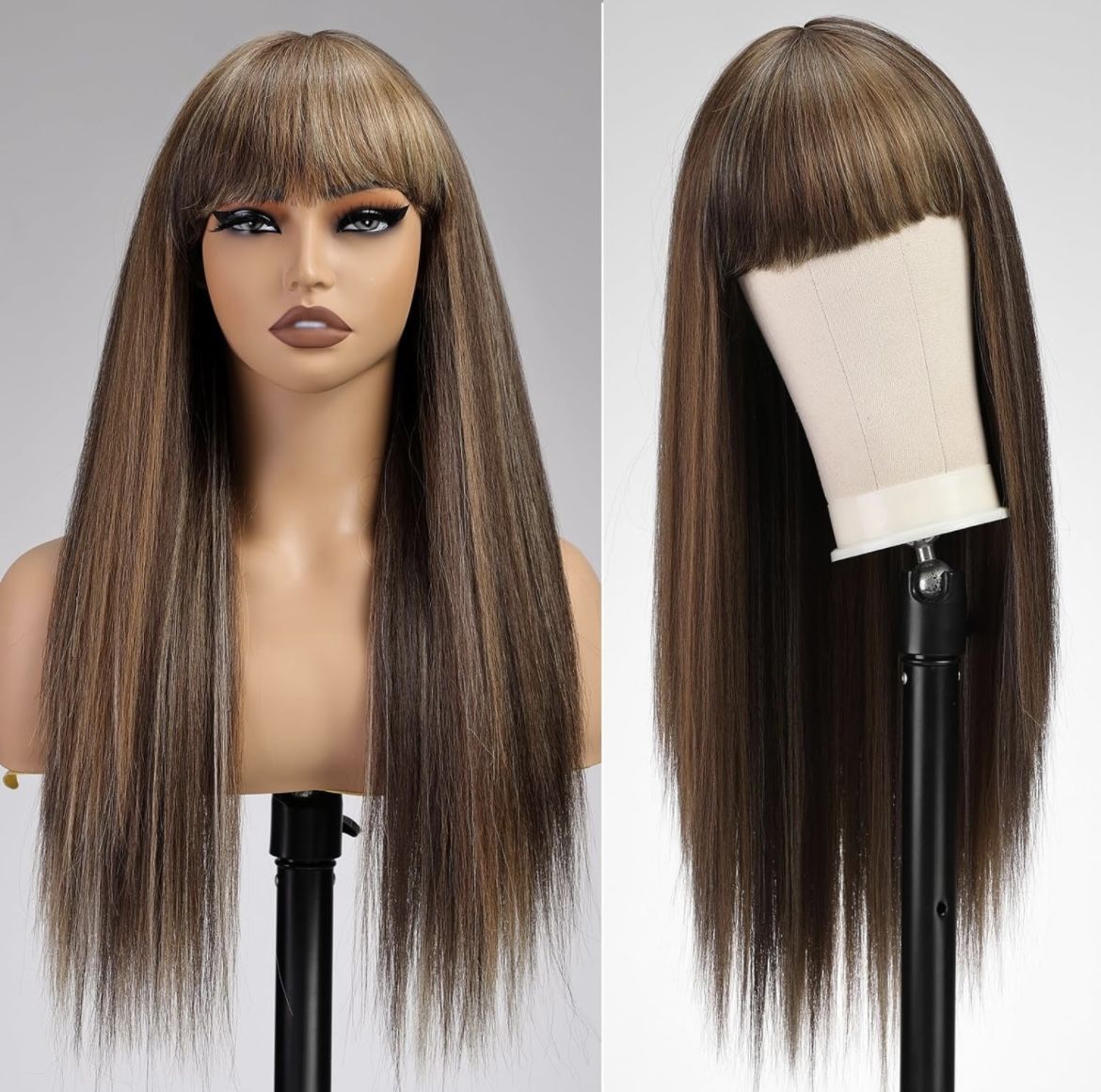 Human hair blend brown highlight wig.