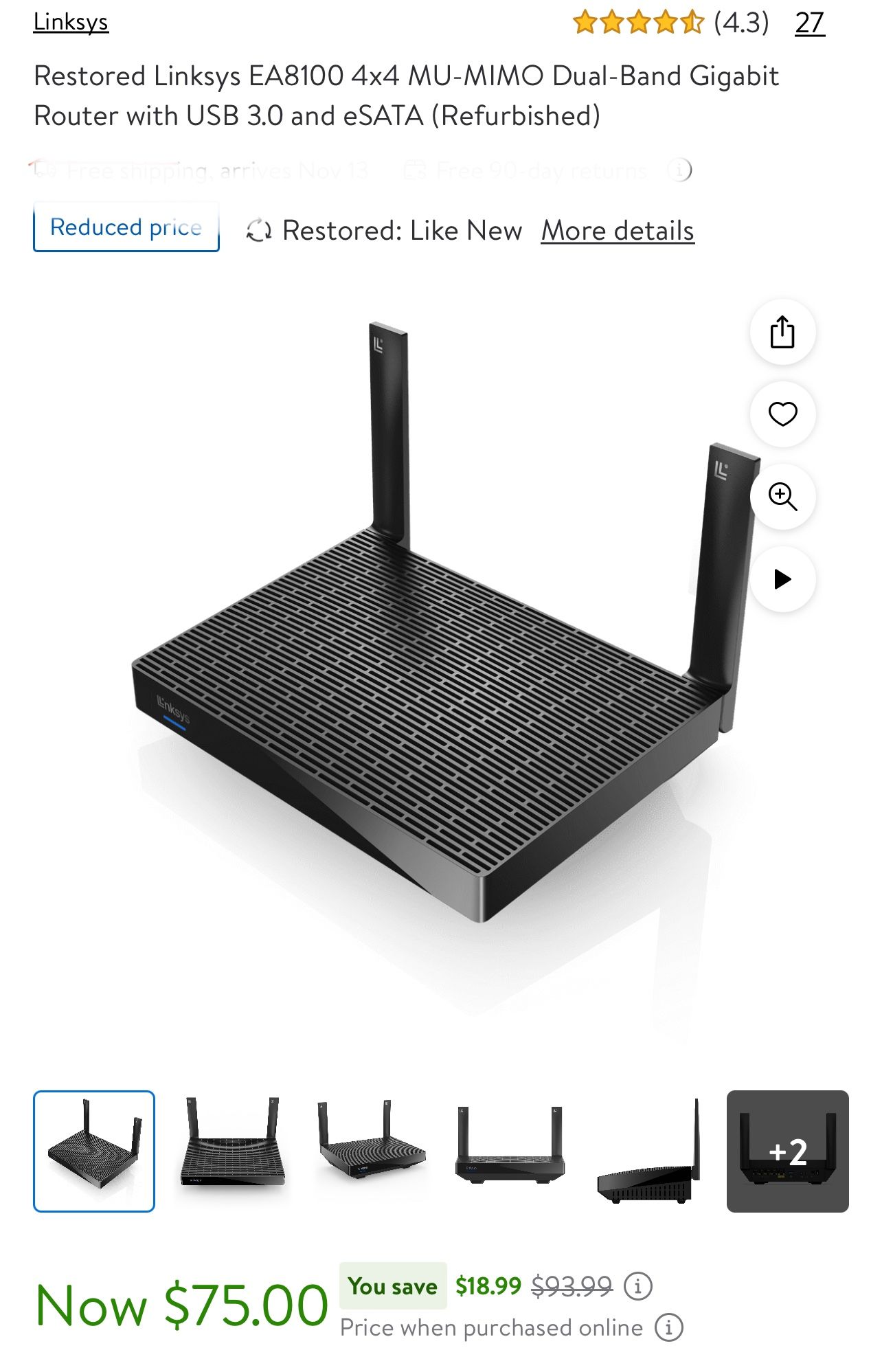 Restored Linksys EA8100 4x4 MU-MIMO Dual-Band Gigabit Router with USB 3.0 and eSATA (Refurbished)