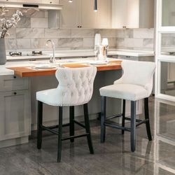 Set of 2 Beige Wing Back Wood Bar Stool Tufted Upholstered Velvet Counter Stools NEW