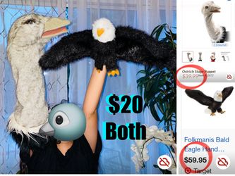 $20 Bundle of 2 Hand Puppets a Folkmanis ostrich and Bald eagle 🦅 hand puppet in great condition