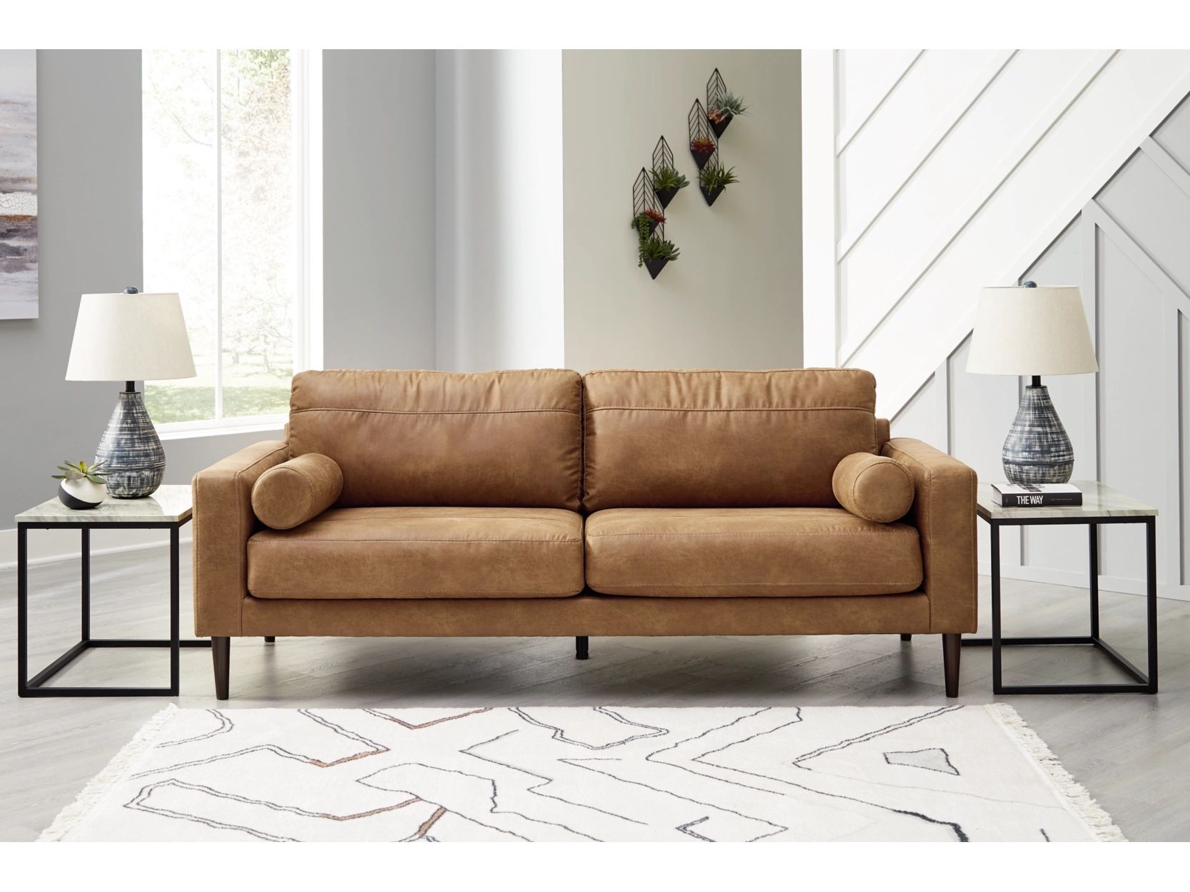Tan Faux Leather Mid Century Couch