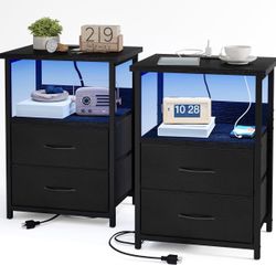 Fixwal Nightstand Set of 2 Night Stand with Charging Station, LED Nightstand with Fabric Drawers, End Table with PU Finish, Bed Side Table, Black  419