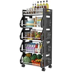 Kitchen Storage Cart, DUSASA 5-Tier Rolling Stackable Multifunction  Utility Cart Rack Stainless Storage Organizer Cart for Kitchen